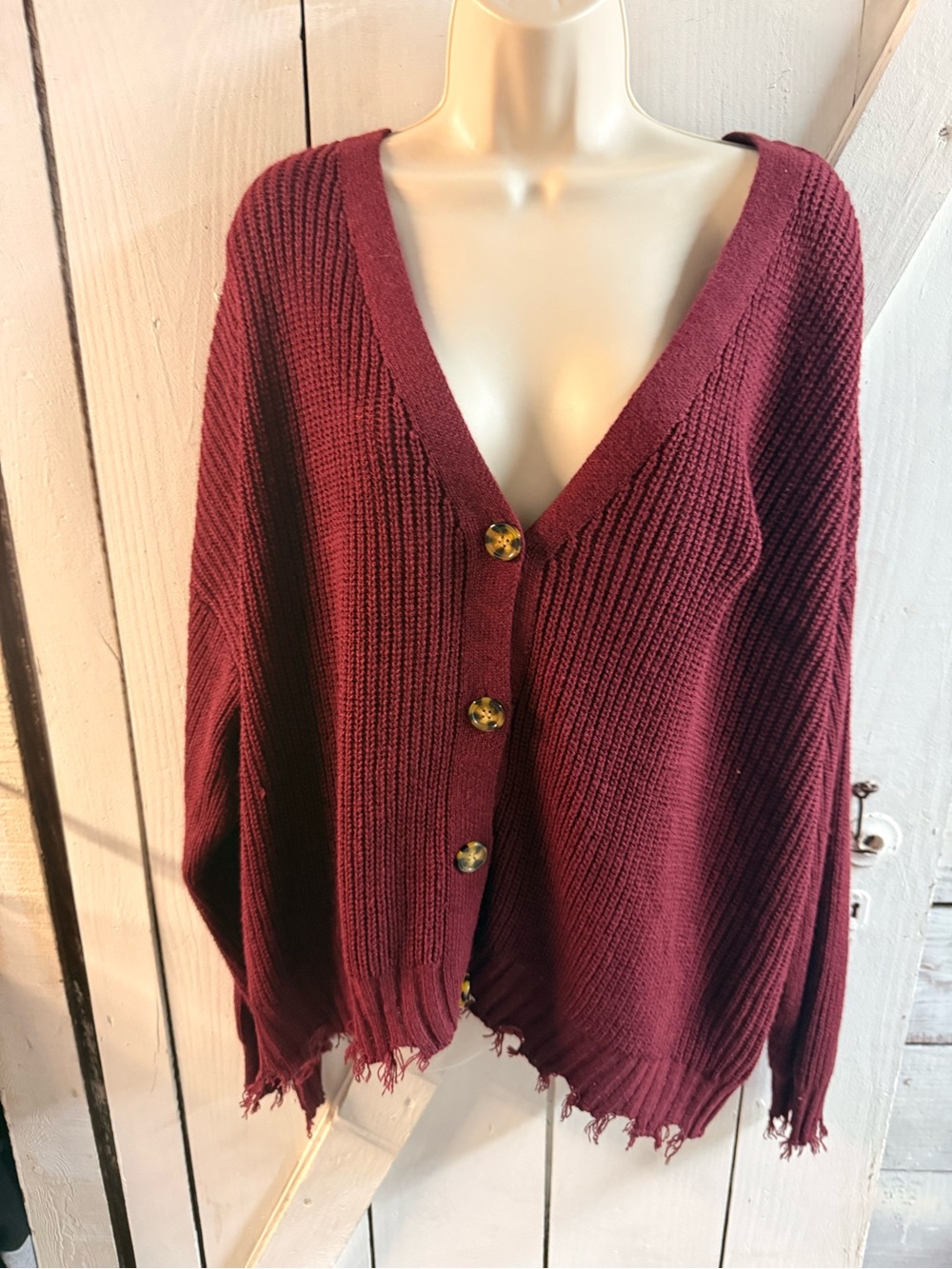 Relaxed V-Neck Button Cardigan in Deep Burgundy